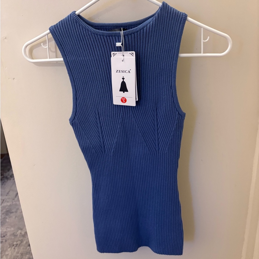 Blue Ribbed Sleeveless Top